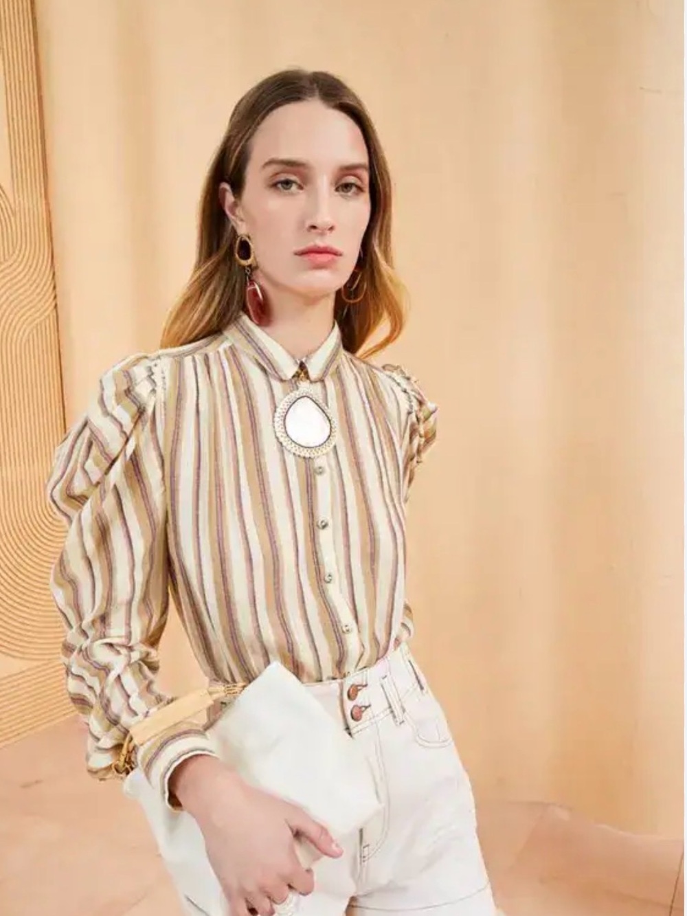 Ulla Johnson Striped Puff-Sleeve Button-Up Shirt - Cream and golden yellow